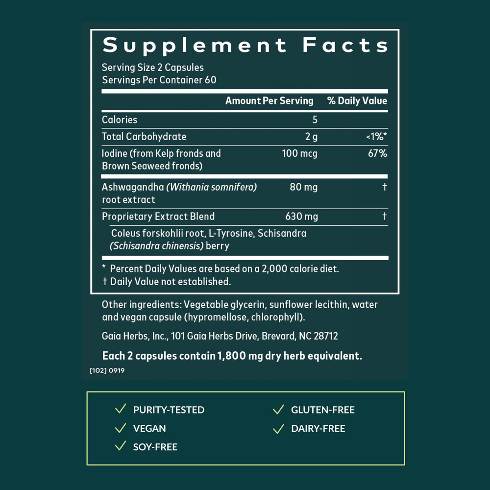 Gaia Herbs Thyroid Support vegan capsules close-up for convenient daily use.