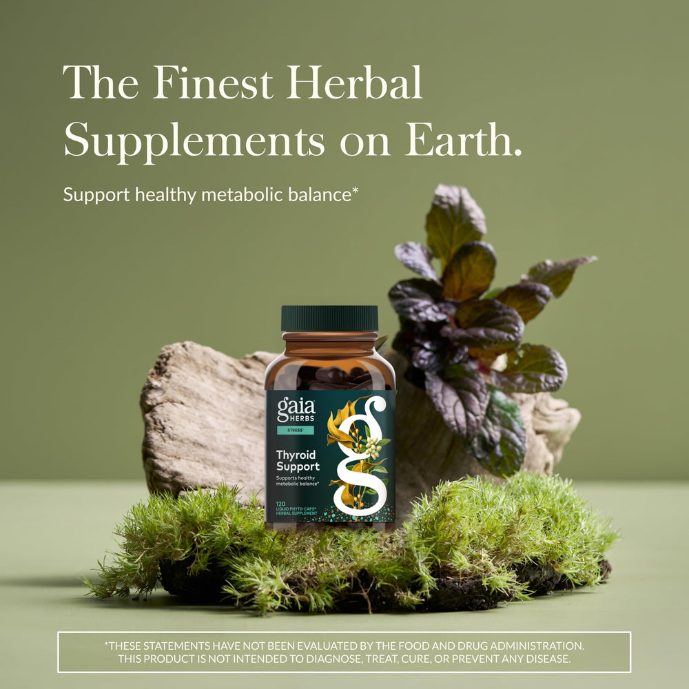 Gaia Herbs Thyroid Support bottle in hand, ready for daily wellness.