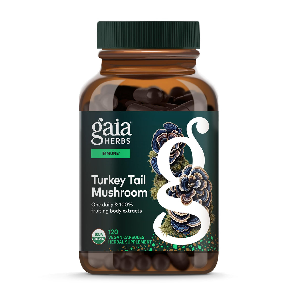 Gaia Herbs Turkey Tail bottle showing daily immune support in a vegan capsule.