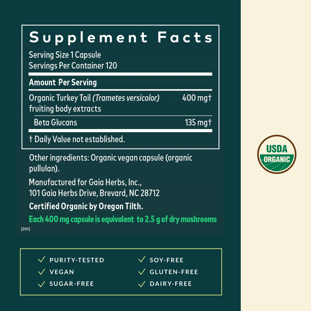 Gaia Herbs Turkey Tail label front highlighting 120 vegan capsules.