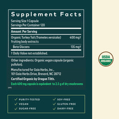 Gaia Herbs Turkey Tail label front highlighting 120 vegan capsules.