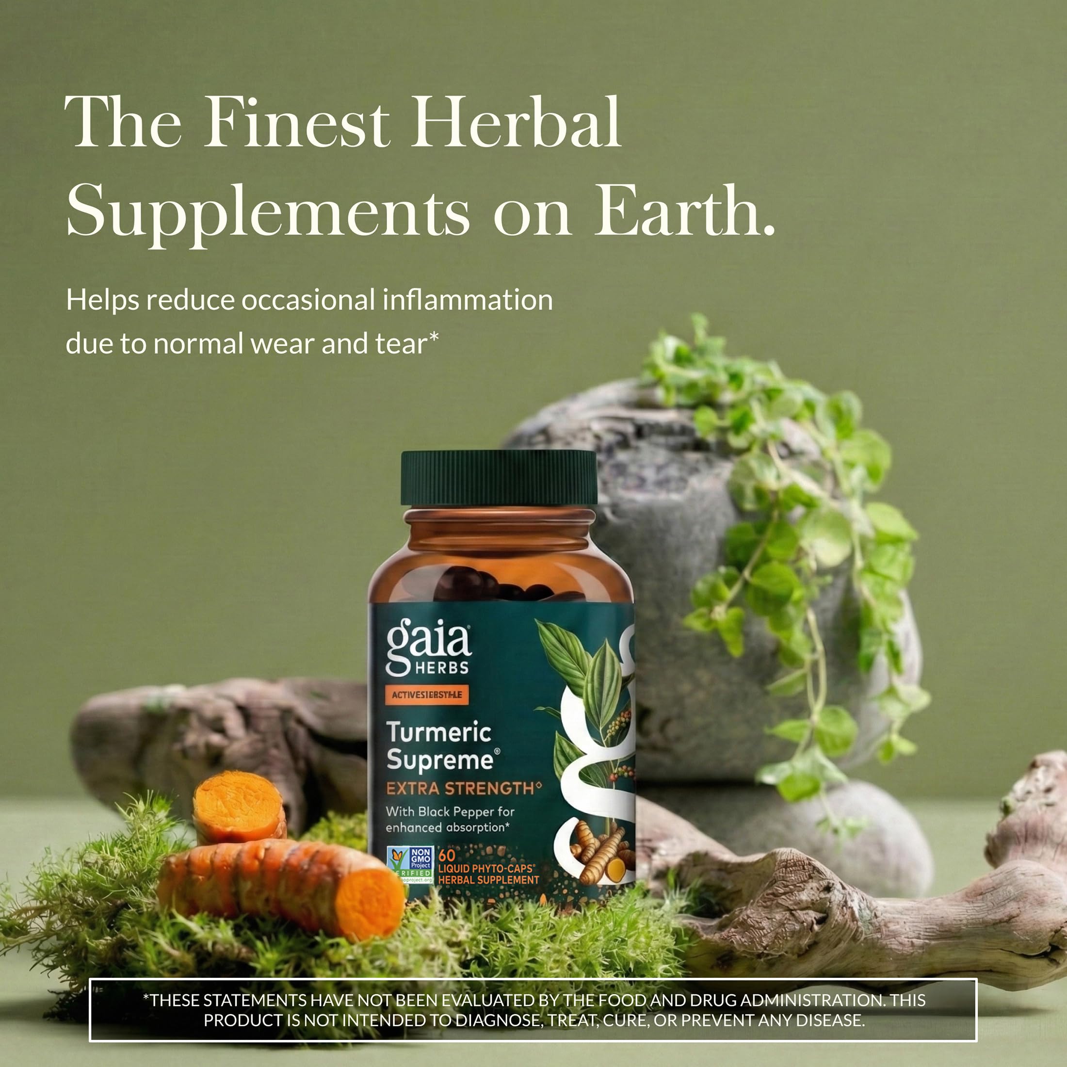 Gaia Herbs Turmeric Supreme label close-up highlighting black pepper for absorption.