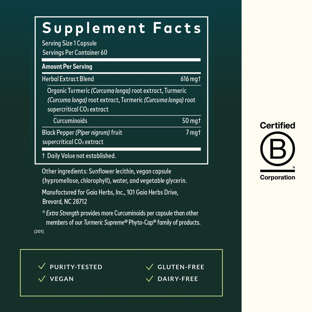 Gaia Herbs Turmeric Supreme capsules inside a glass bottle ready for daily use.