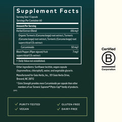 Gaia Herbs Turmeric Supreme capsules inside a glass bottle ready for daily use.
