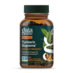 Gaia Herbs Turmeric Supreme Extra Strength bottle front with vegan capsules for daily wellness.