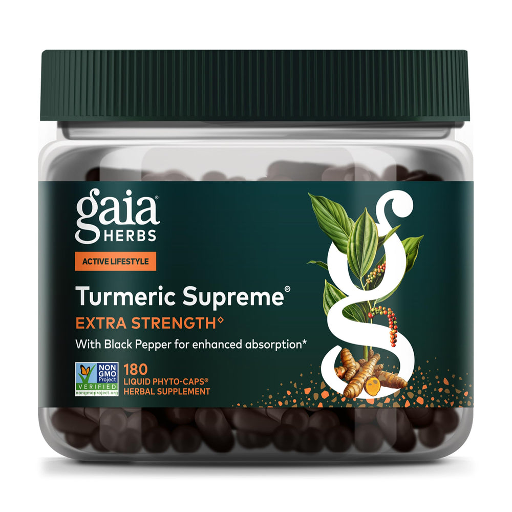 Gaia Herbs Turmeric Supreme Extra Strength bottle shows a potent turmeric blend for mobility support
