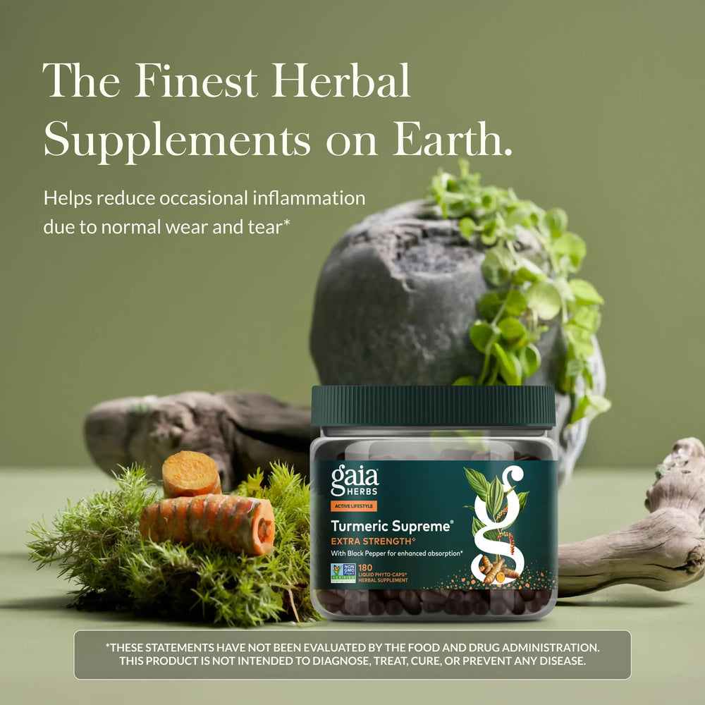 Ga ia Herbs Turmeric Supreme Extra Strength capsules closeup highlighting capsule design