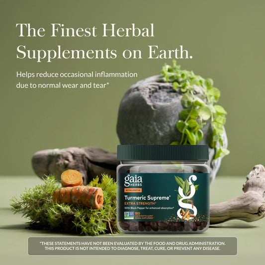 Ga ia Herbs Turmeric Supreme Extra Strength capsules closeup highlighting capsule design