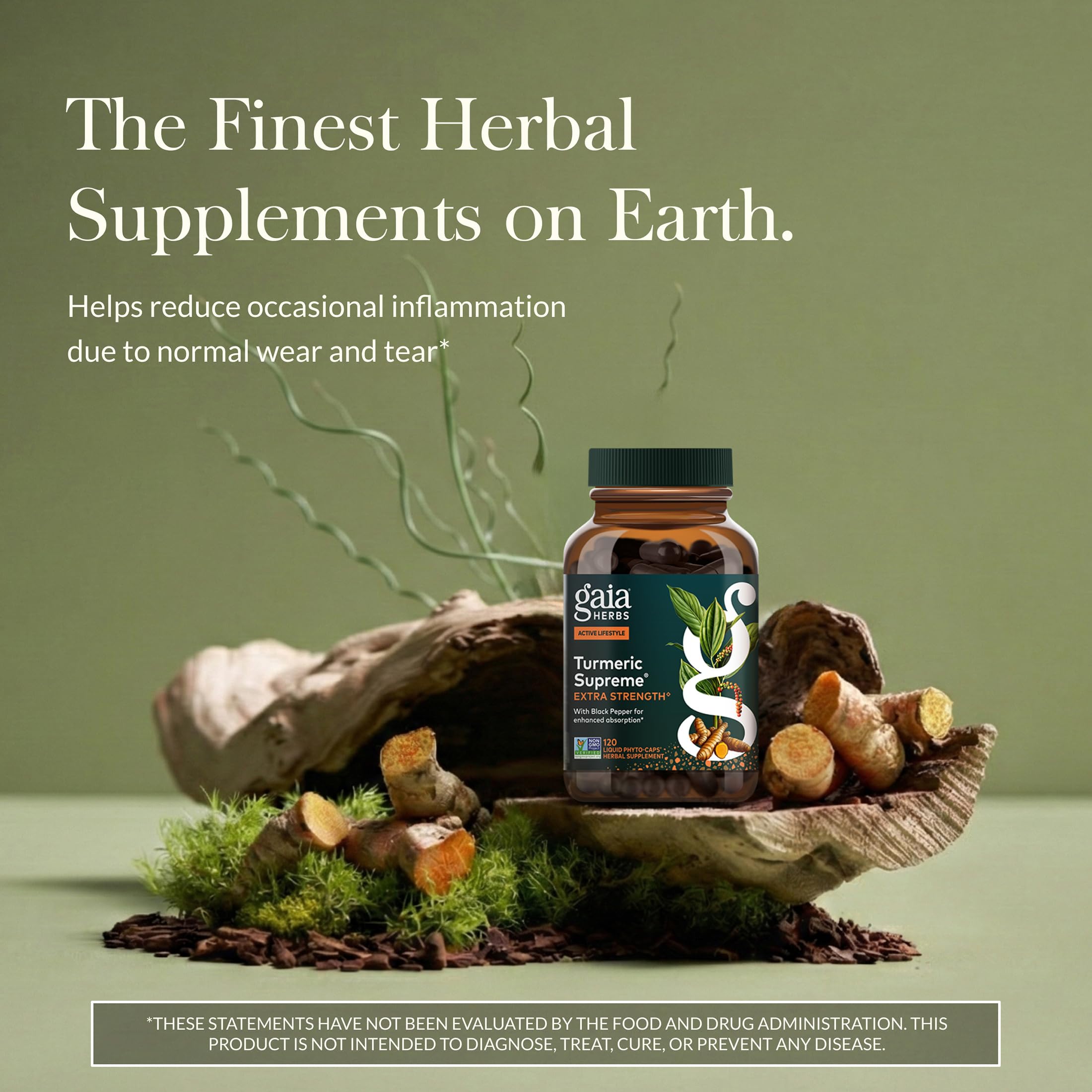 Close-up of Gaia Herbs Turmeric Supreme Extra Strength capsules showing the vegan formula