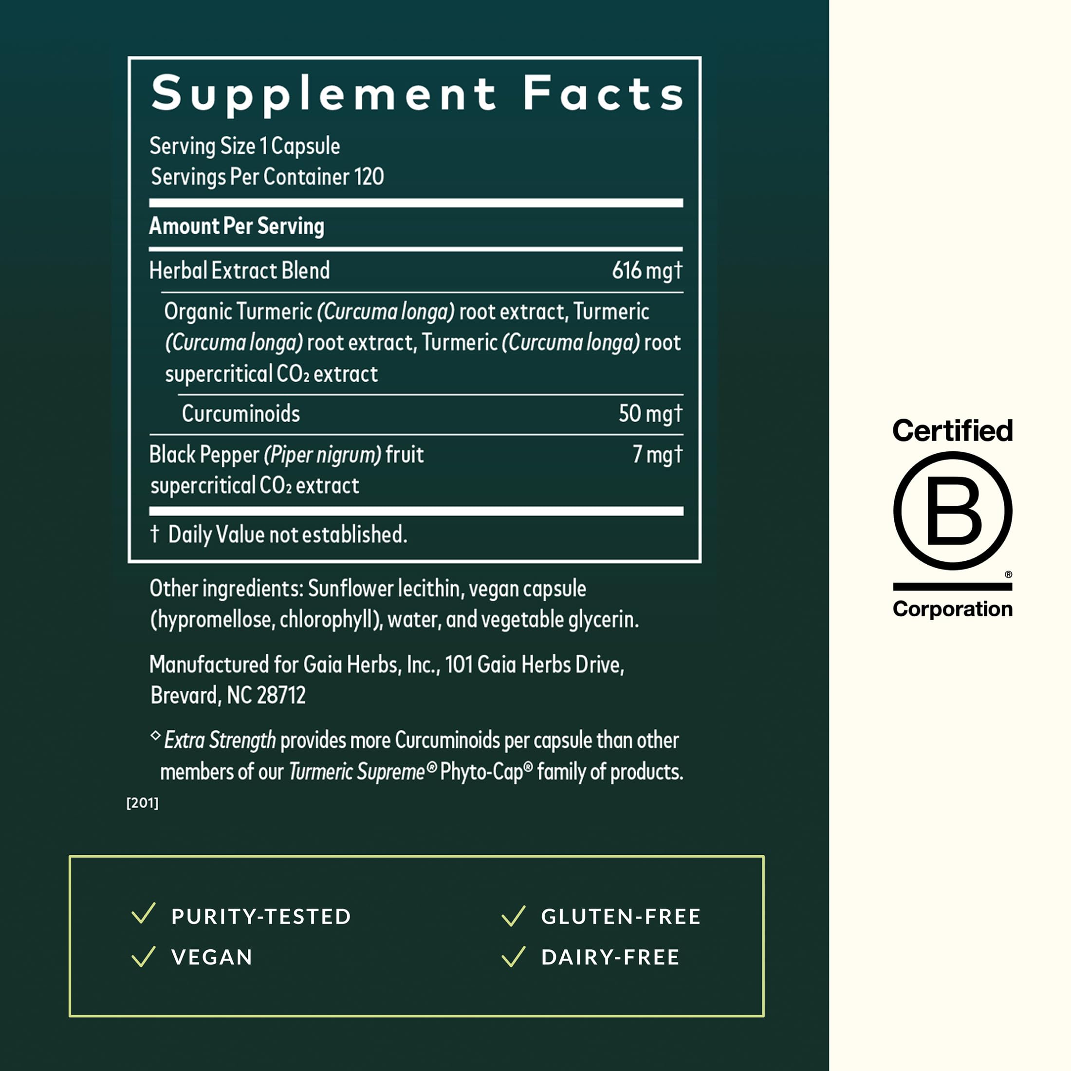 Gaia Herbs Turmeric Supreme Extra Strength label highlighting key features