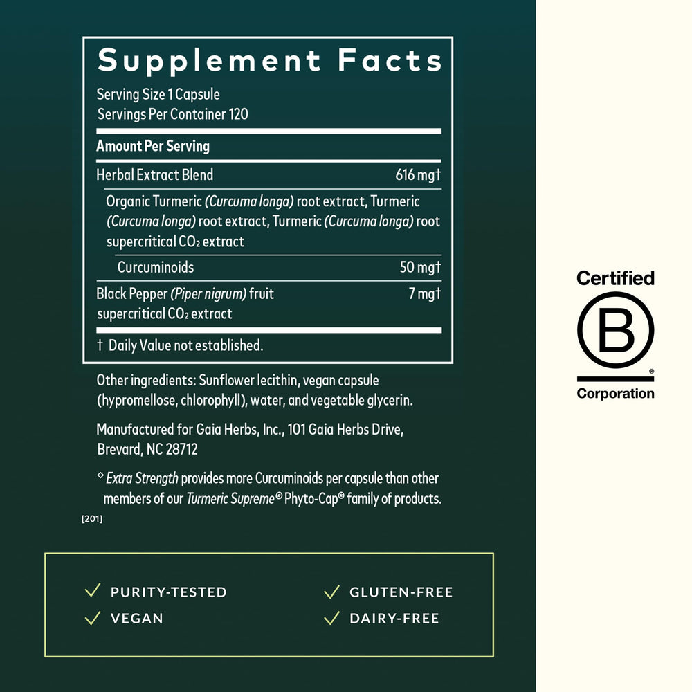 Gaia Herbs Turmeric Supreme Extra Strength label highlighting key features