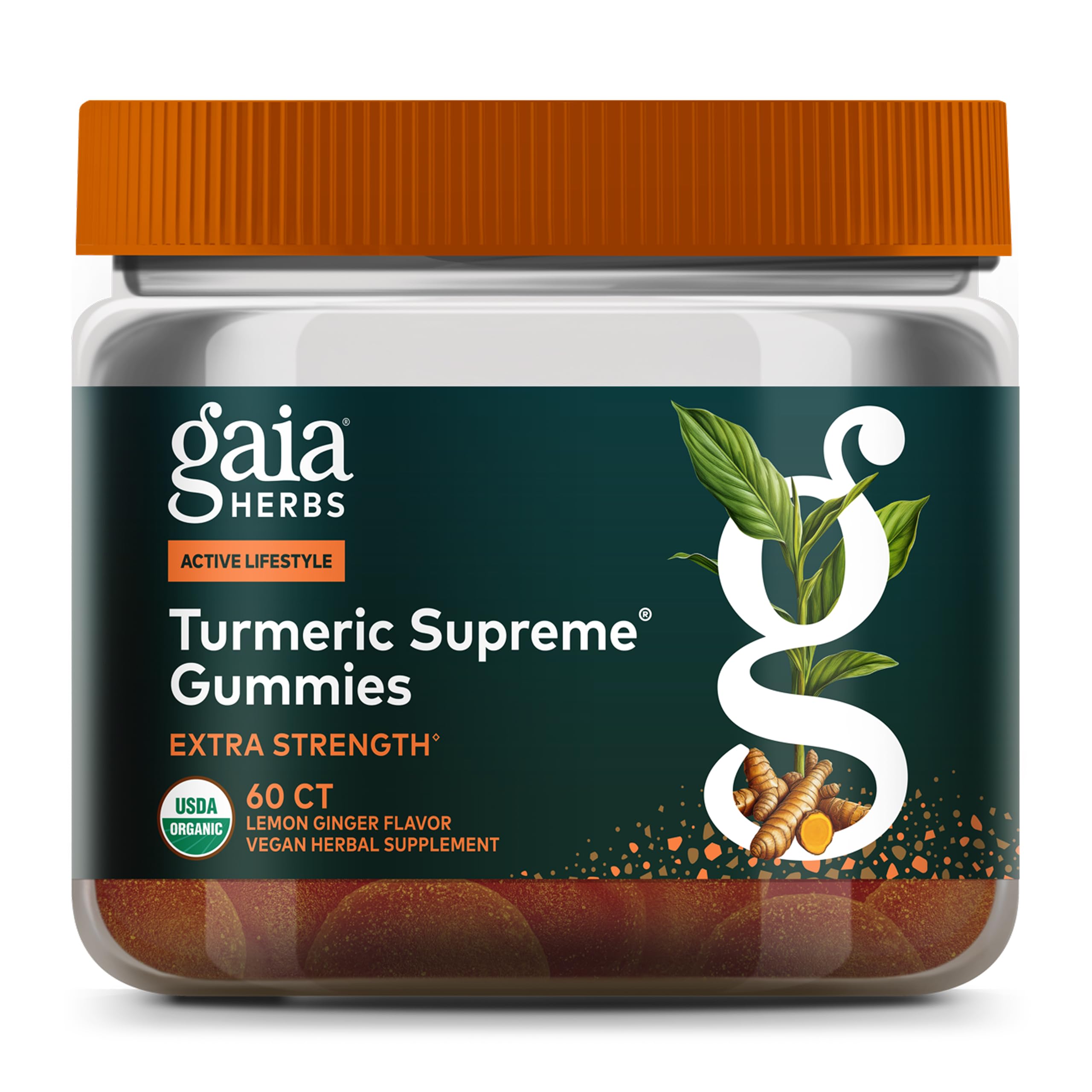 Gaia Herbs Turmeric Supreme Gummies extra-strength bottle with lemon-ginger flavor for daily activity support