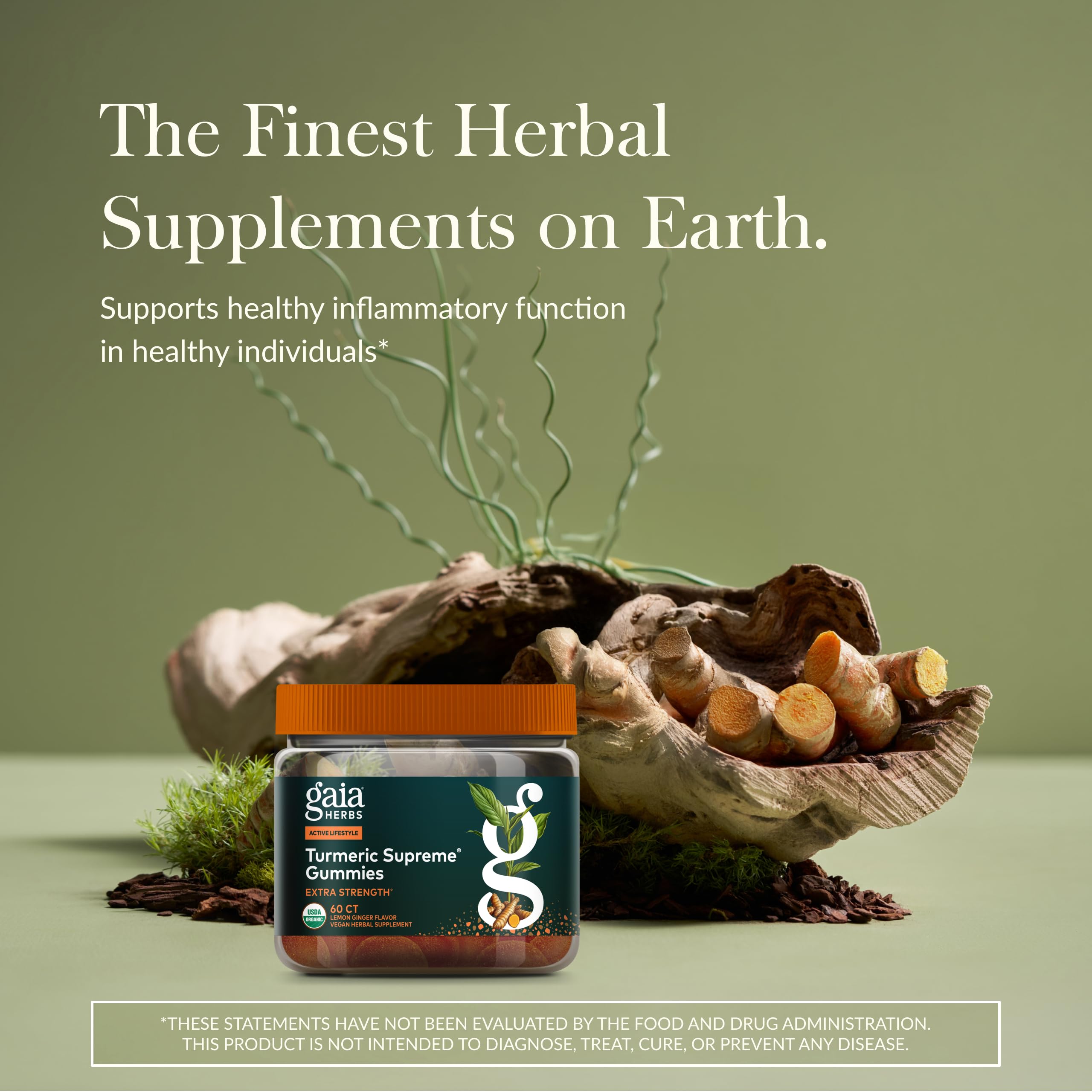 Gaia Herbs Turmeric Supreme Gummies label close-up showing vegan and Non-GMO ingredients