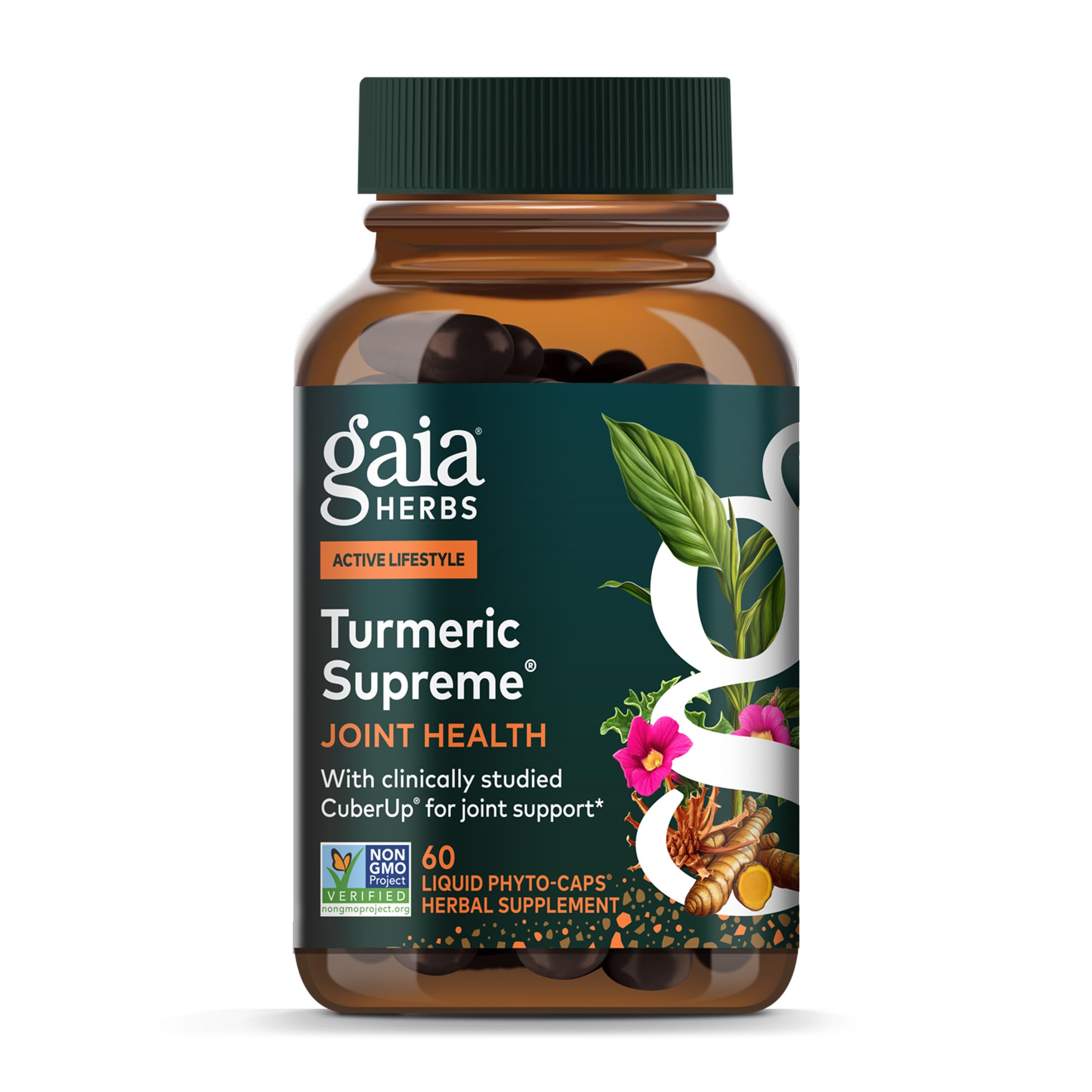 Gaia Herbs Turmeric Supreme Joint Health bottle highlights joint support potential.