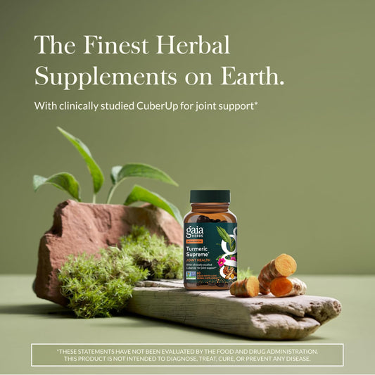 Gaia Herbs Turmeric Supreme joint health label close-up showing ingredients and purity.