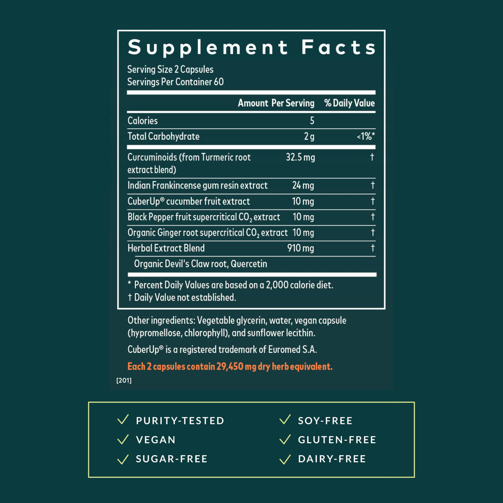 Gaia Herbs Turmeric Supreme Joint Health label detail highlights gluten-free, dairy-free ingredients.