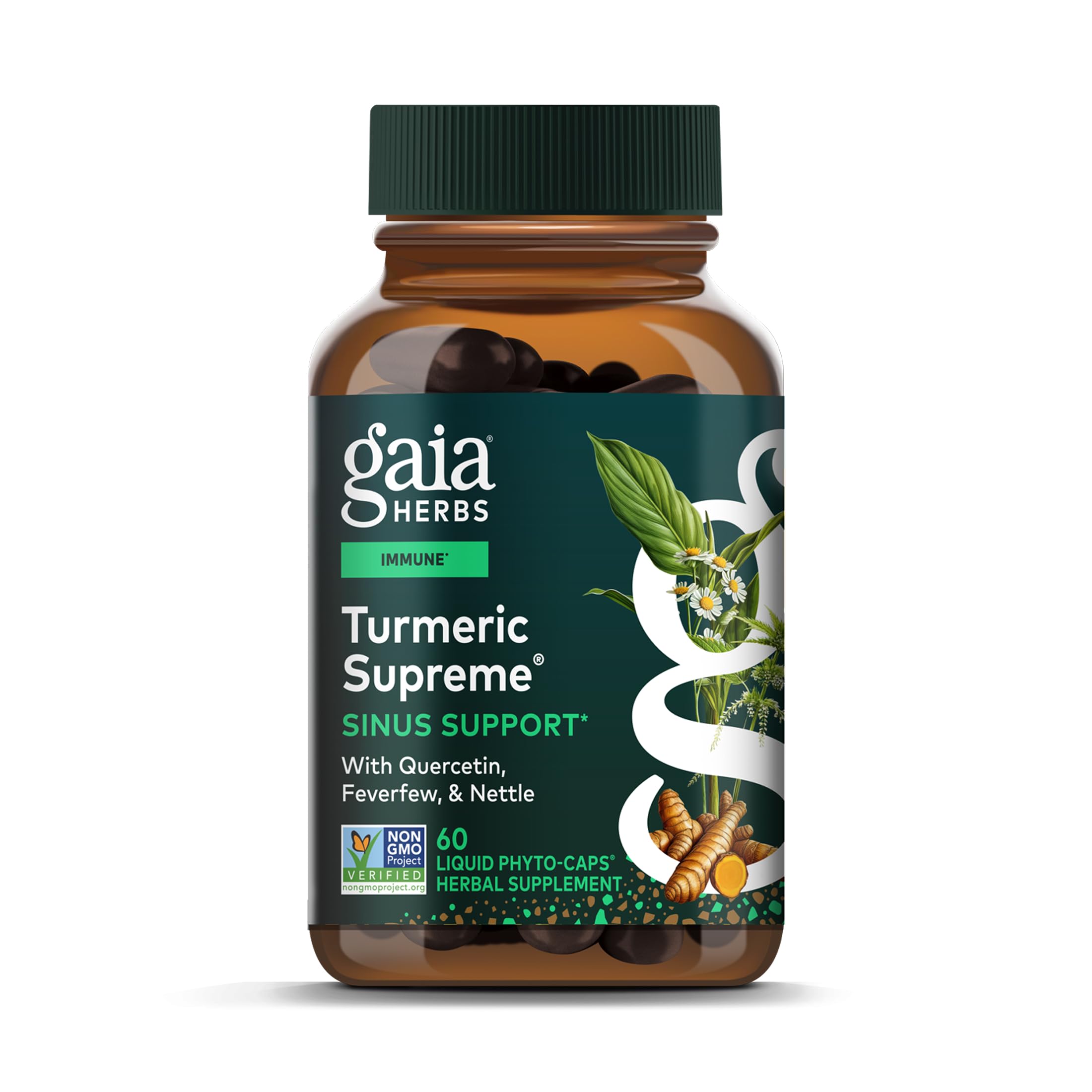 Gaia Herbs Turmeric Supreme Sinus Support bottle promoting potential sinus comfort
