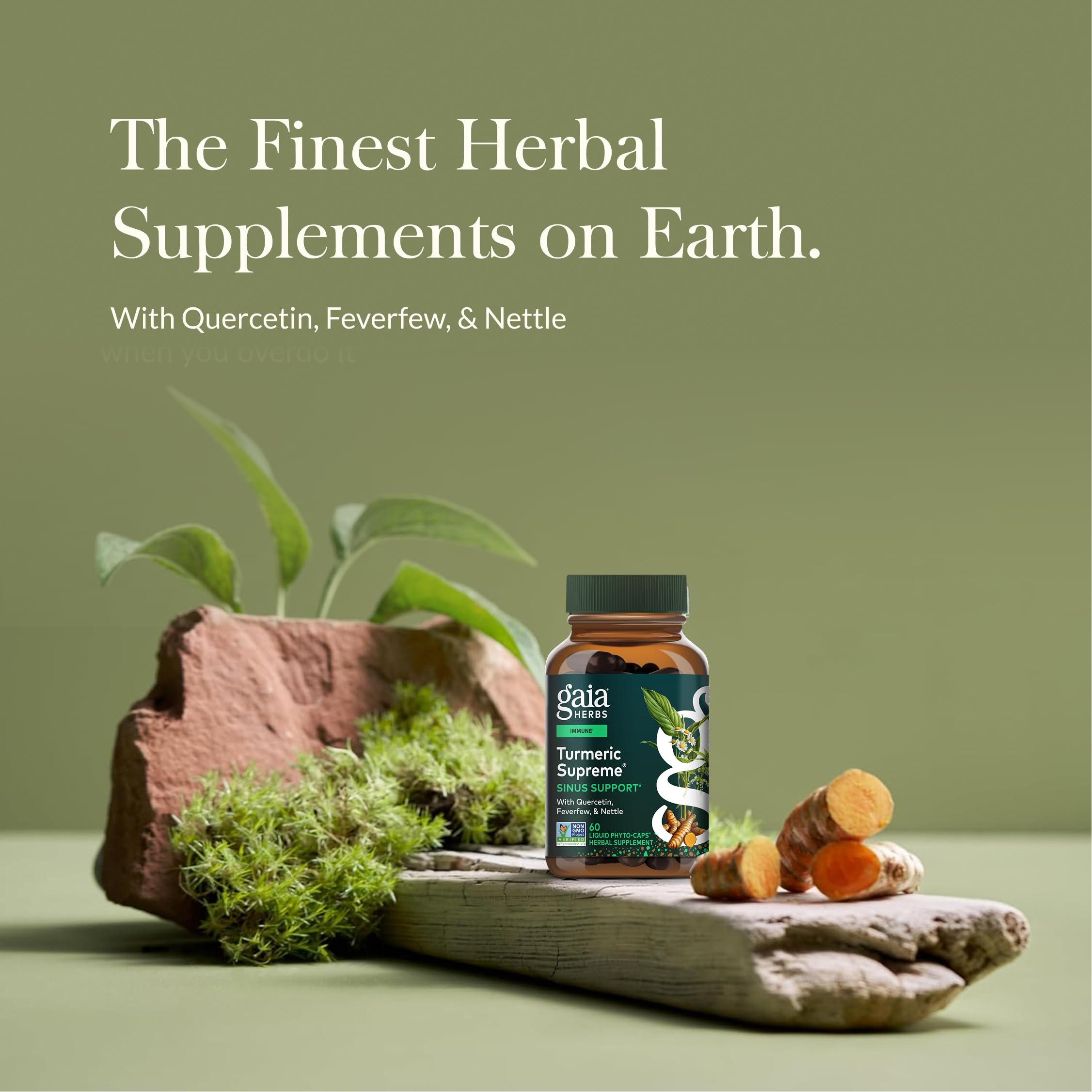 Gaia Herbs Turmeric Supreme Sinus Support capsules close-up for daily respiratory support