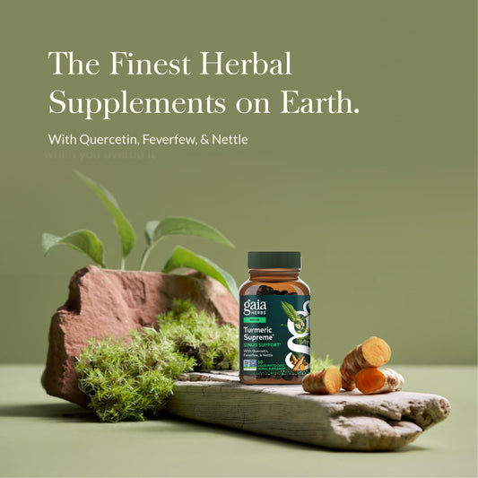 Gaia Herbs Turmeric Supreme Sinus Support capsules close-up for daily respiratory support