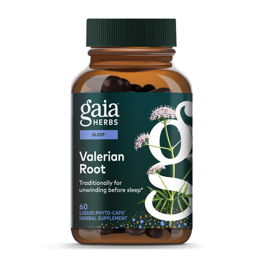 Gaia Herbs Valerian Root bottle with clear label for calm evenings