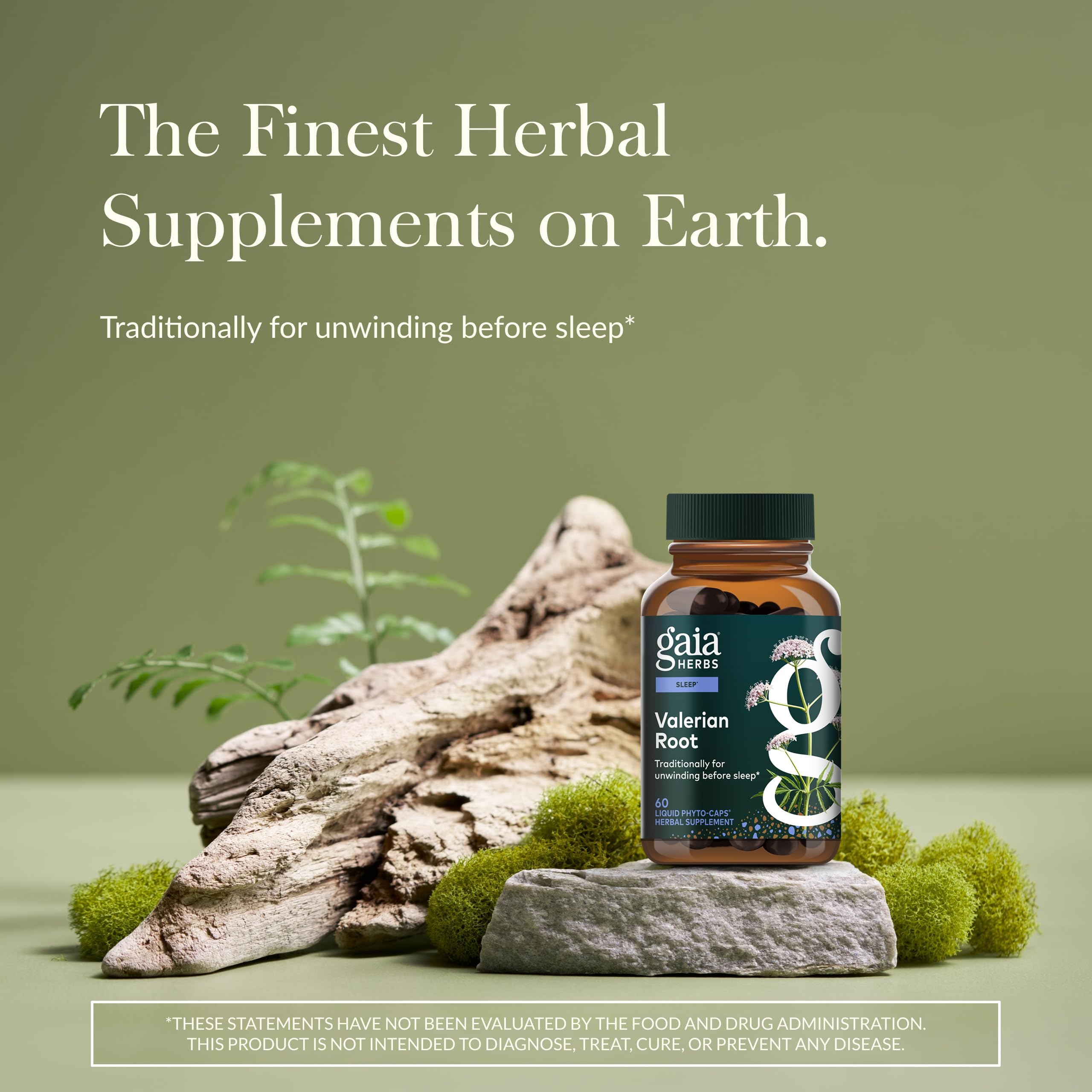 Gaia Herbs Valerian Root capsules close-up showing vegan capsules