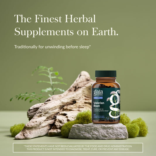 Gaia Herbs Valerian Root capsules close-up showing vegan capsules