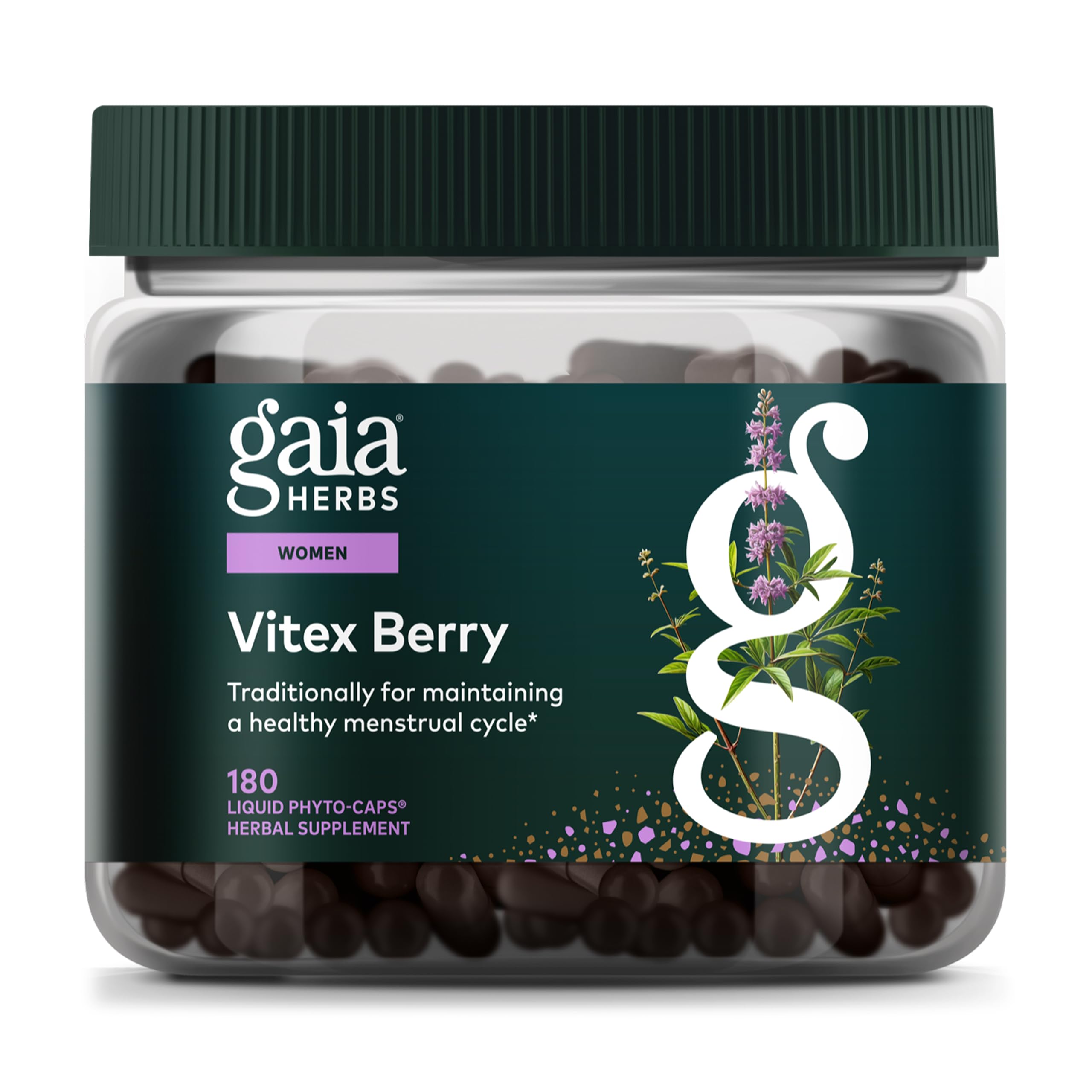Gaia Herbs Vitex Berry bottle with label emphasizing hormone balance support.