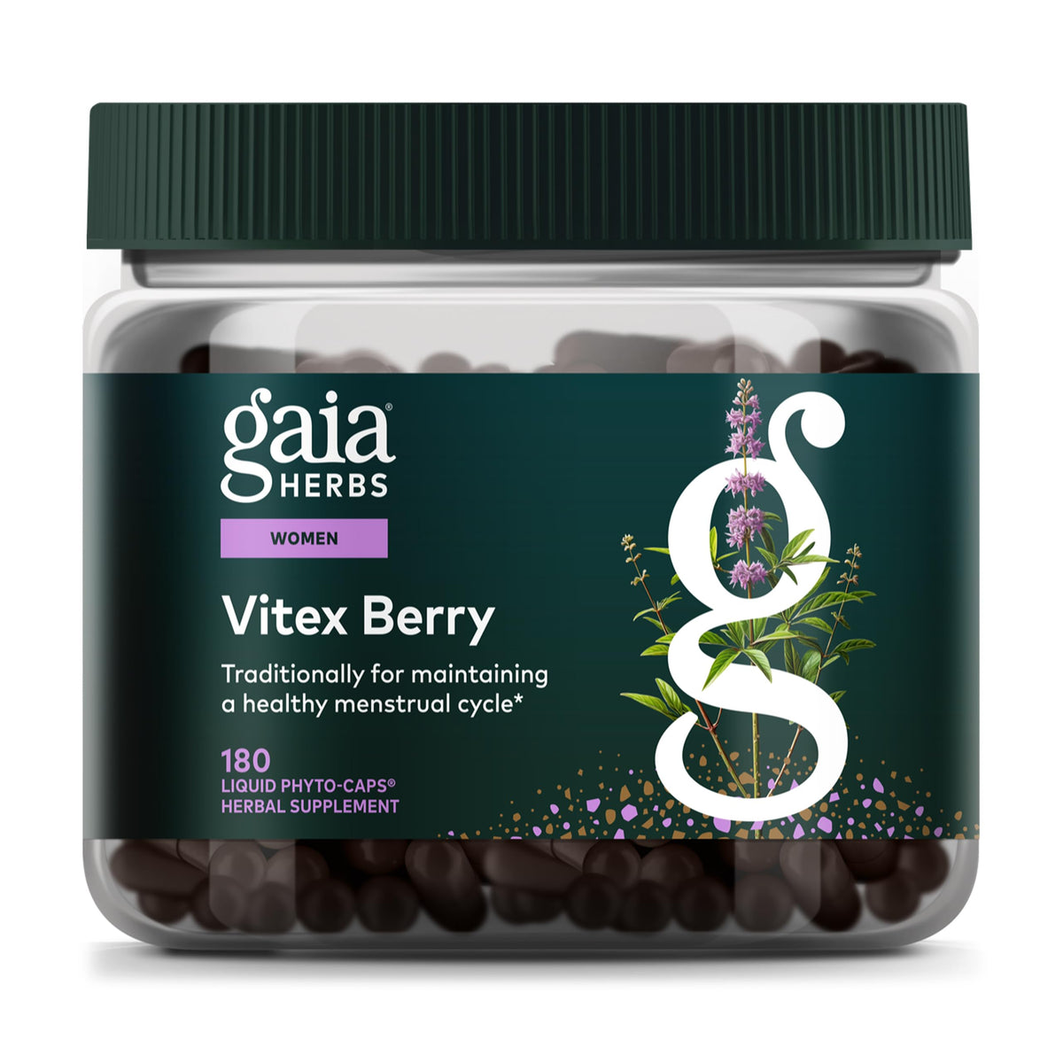 Gaia Herbs Vitex Berry bottle with label emphasizing hormone balance support.