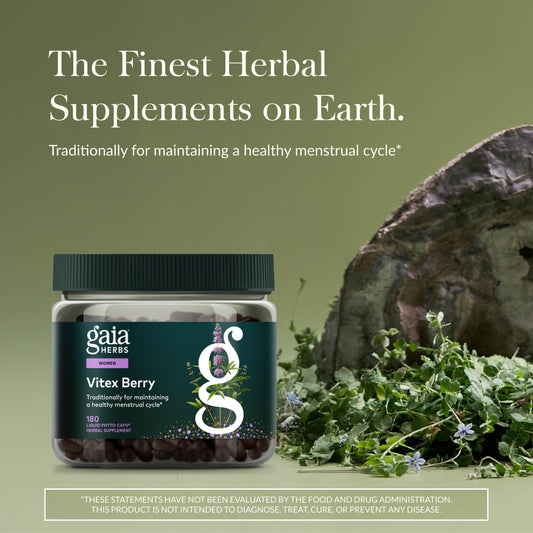 Close-up of Gaia Herbs Vitex Berry label highlighting traditional menstrual cycle support.