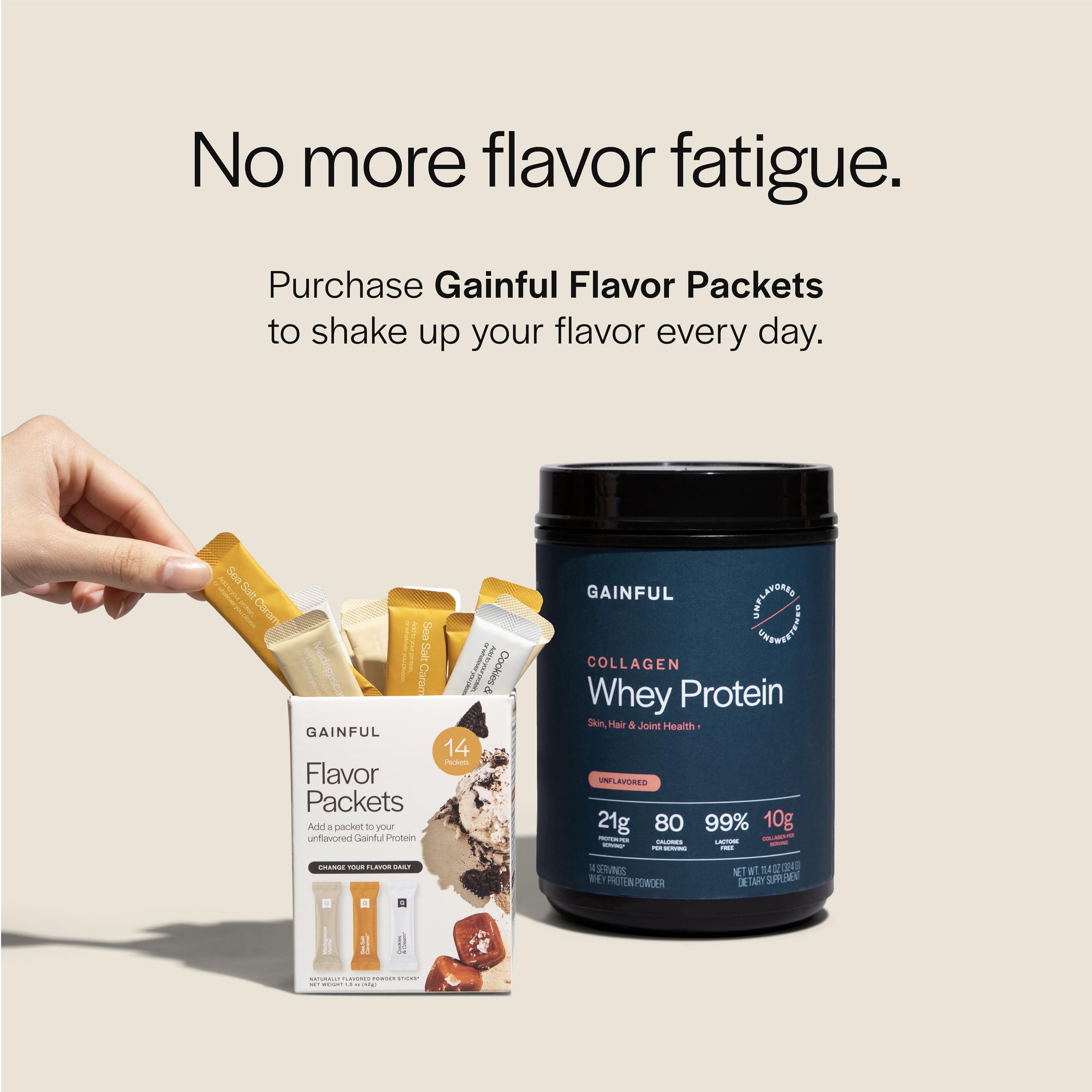 Gainful Collagen Whey Unflavored bottle front highlighting unflavored base for recipes.