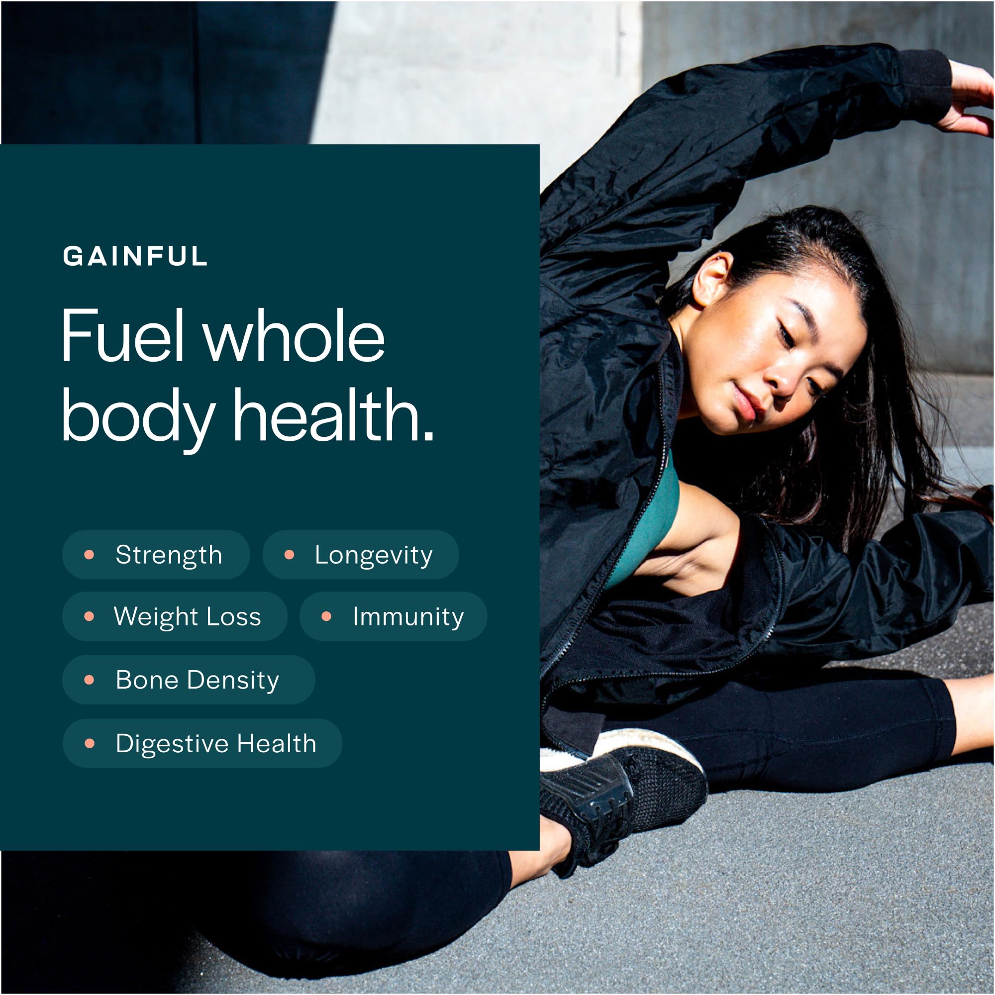 Gainful Collagen Whey Unflavored jar-top emphasizes secure lid freshness.