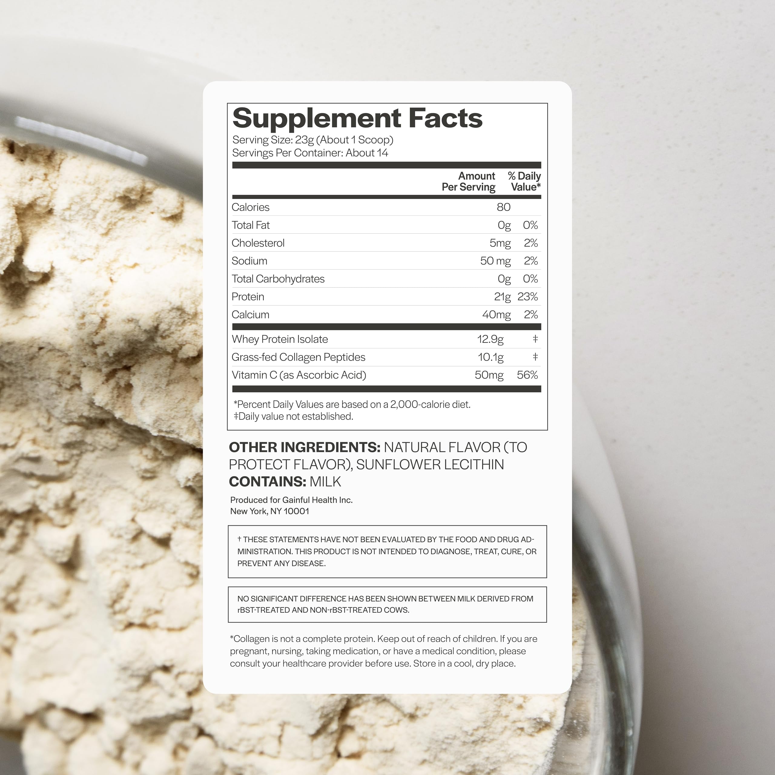 Gainful Collagen Whey Unflavored powder dispense shows easy mixing into drinks.