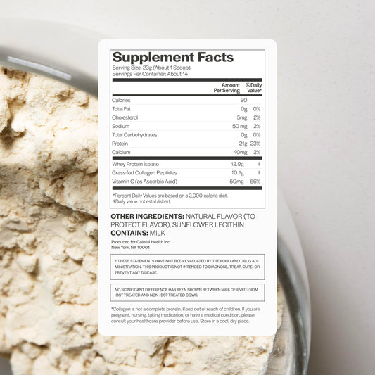 Gainful Collagen Whey Unflavored powder dispense shows easy mixing into drinks.