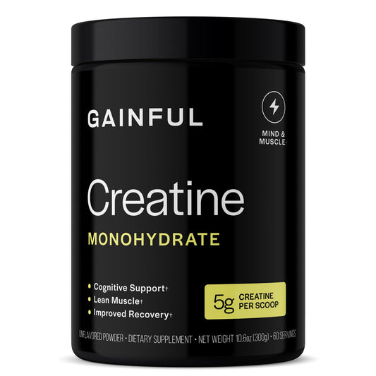 Gainful Creatine Powder bottle front; unflavored supplement for workouts and recovery