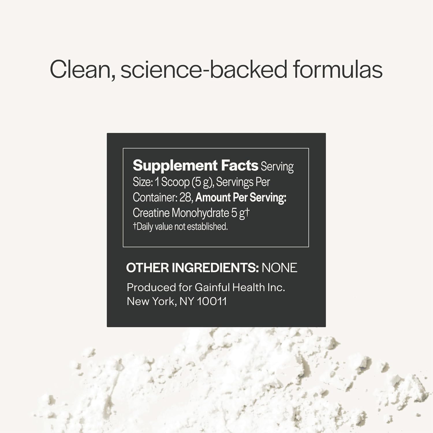 Gainful Creatine Powder ingredient label; transparent 5g monohydrate per serving