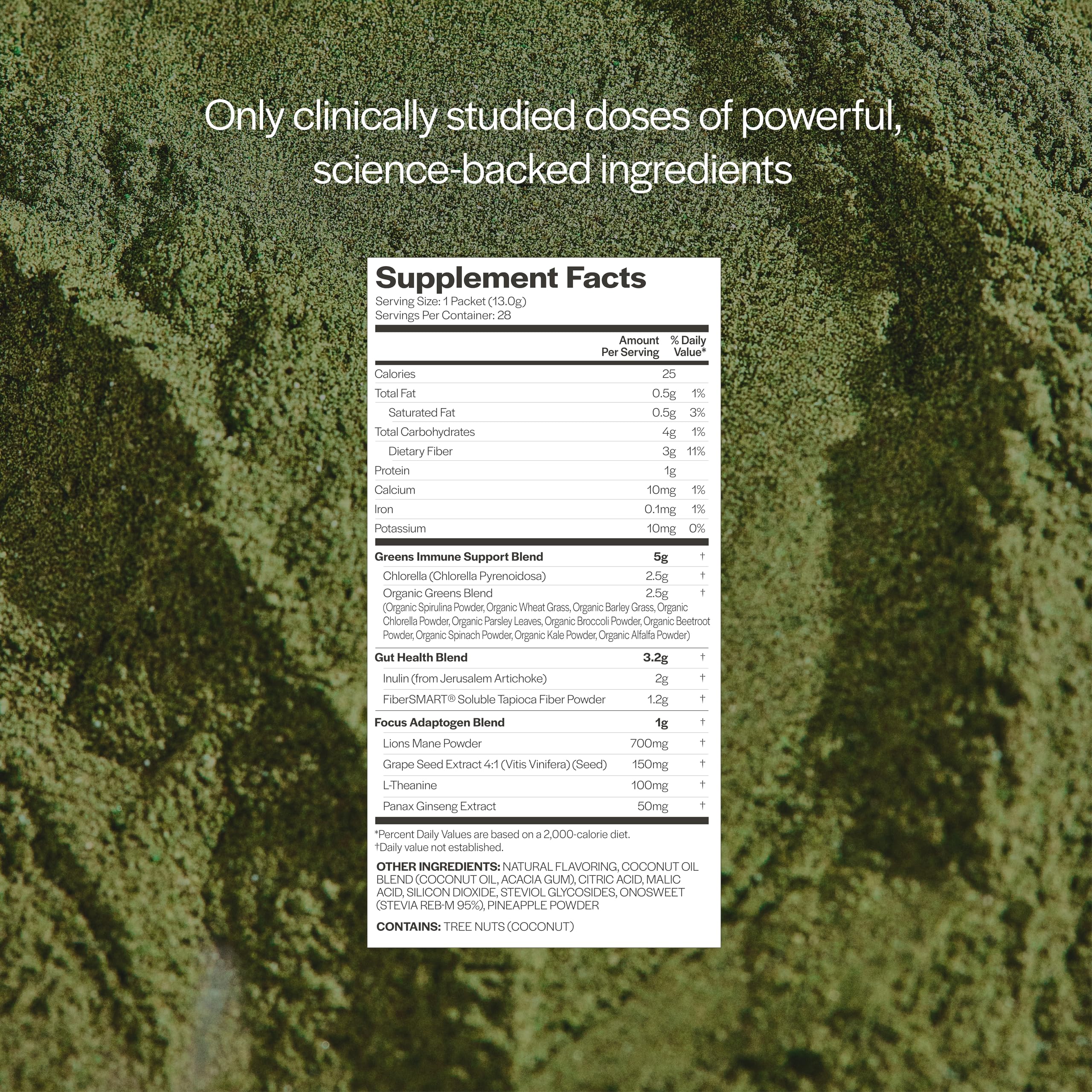 Gainful greens ingredients such as chlorella and ginger provide immune and digestion support