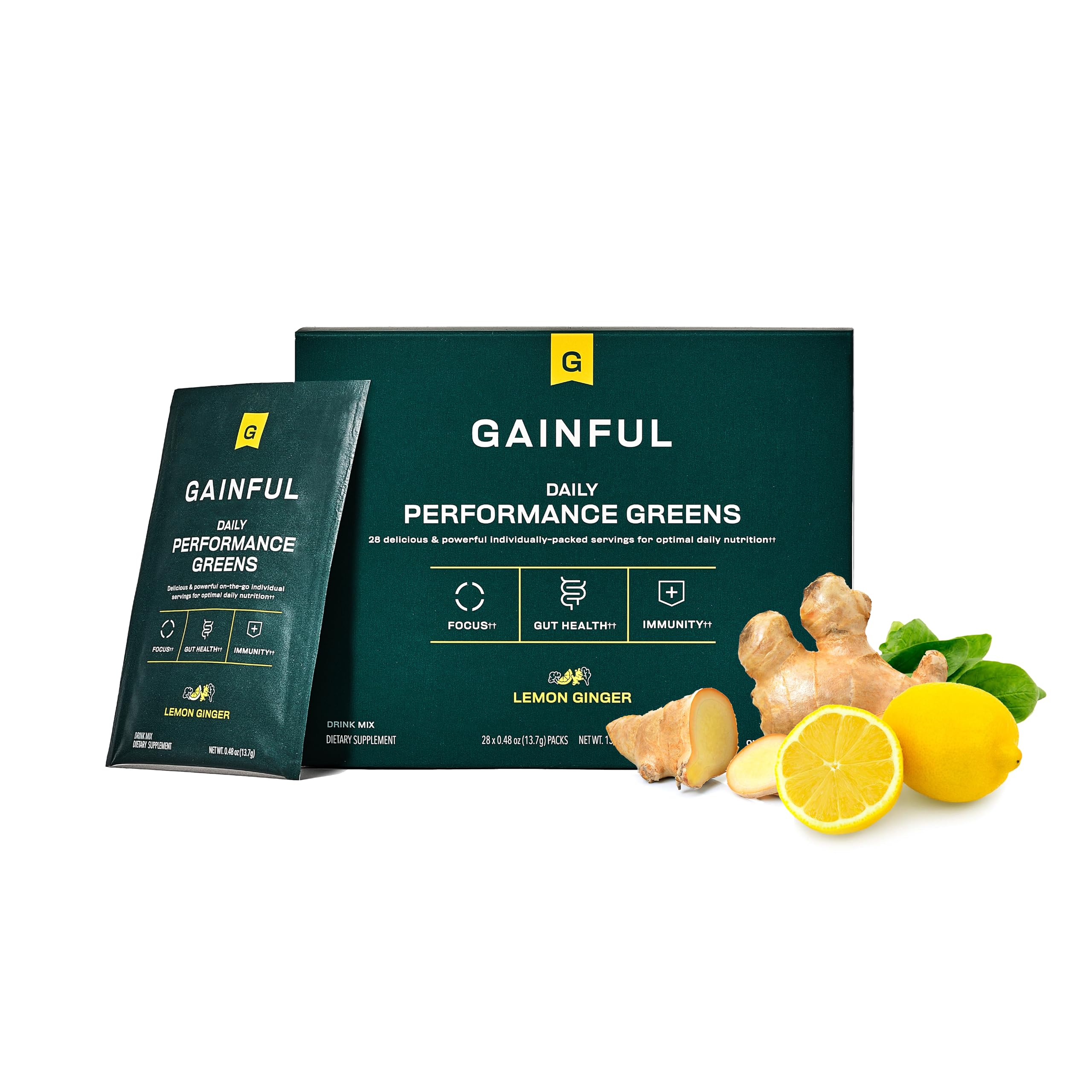 Gainful Daily Performance Greens bottle with lemon ginger supports gut comfort and energy.