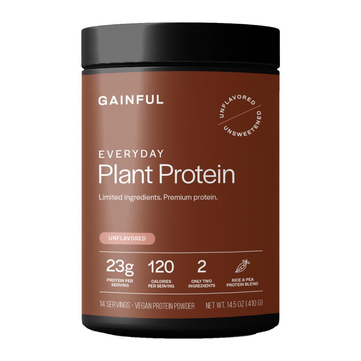 Gainful Everyday Plant Protein Powder bottle view, unflavored vegan formula for balanced nutrition.