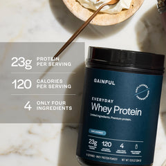 Gainful Everyday Whey label closeup shows clean ingredients