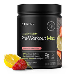 Gainful high intensity pre workout canister with strawberry lemonade boosts energy for tough sessions
