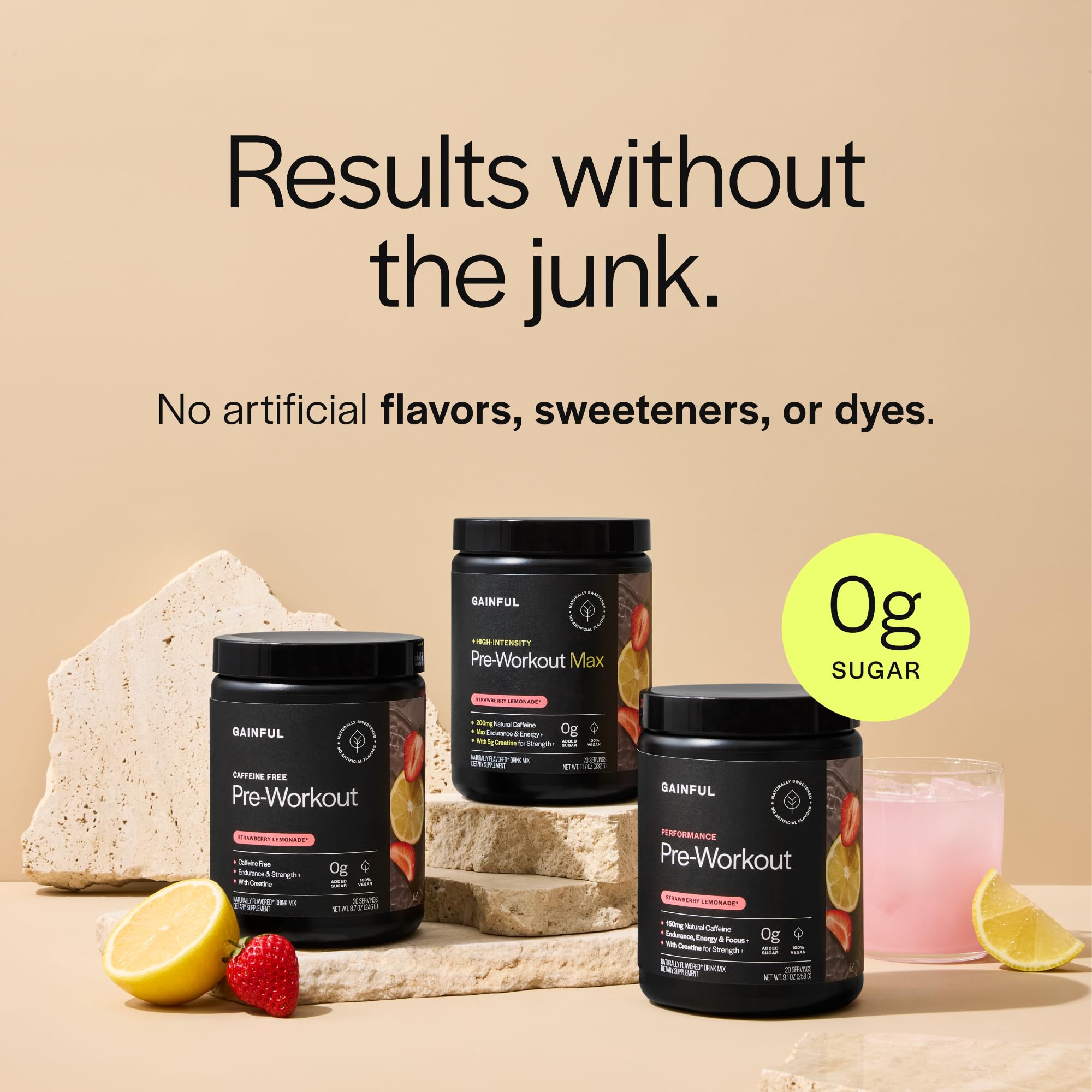 Gainful pre workout strawberry lemonade tub closeup highlights flavor and clean formula