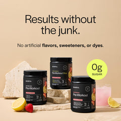Gainful pre workout strawberry lemonade tub closeup highlights flavor and clean formula