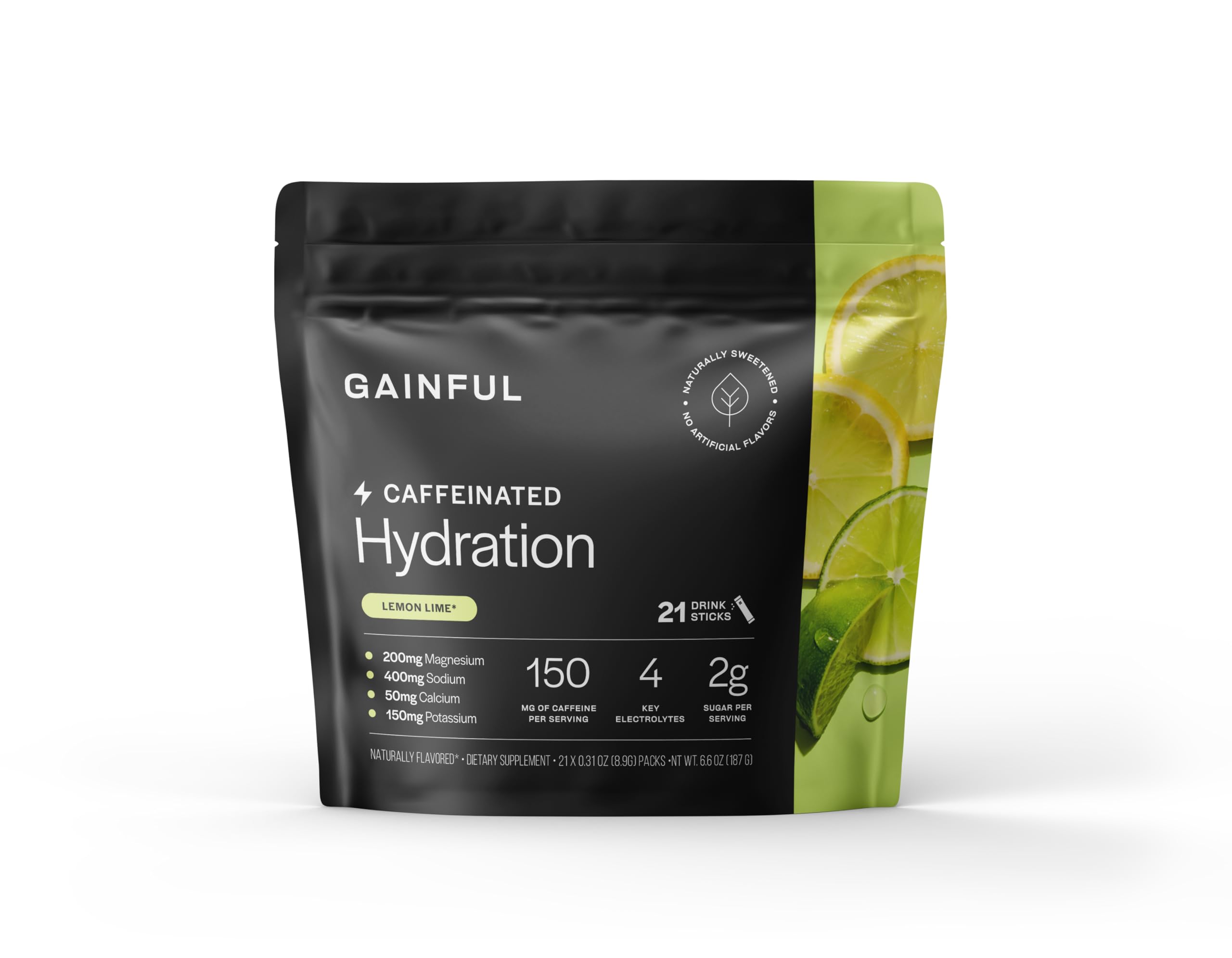 Gainful hydration caffeine packet in Lemon Lime for quick rehydration during workouts.