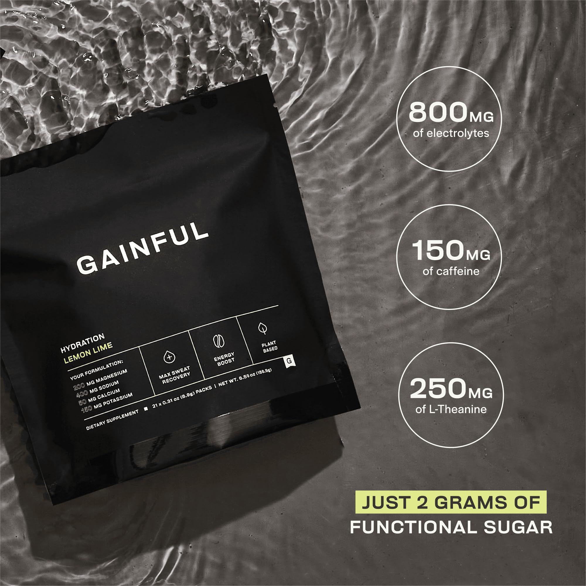 Gainful lemon-lime hydration packet shows caffeine and electrolytes in a convenient stick.