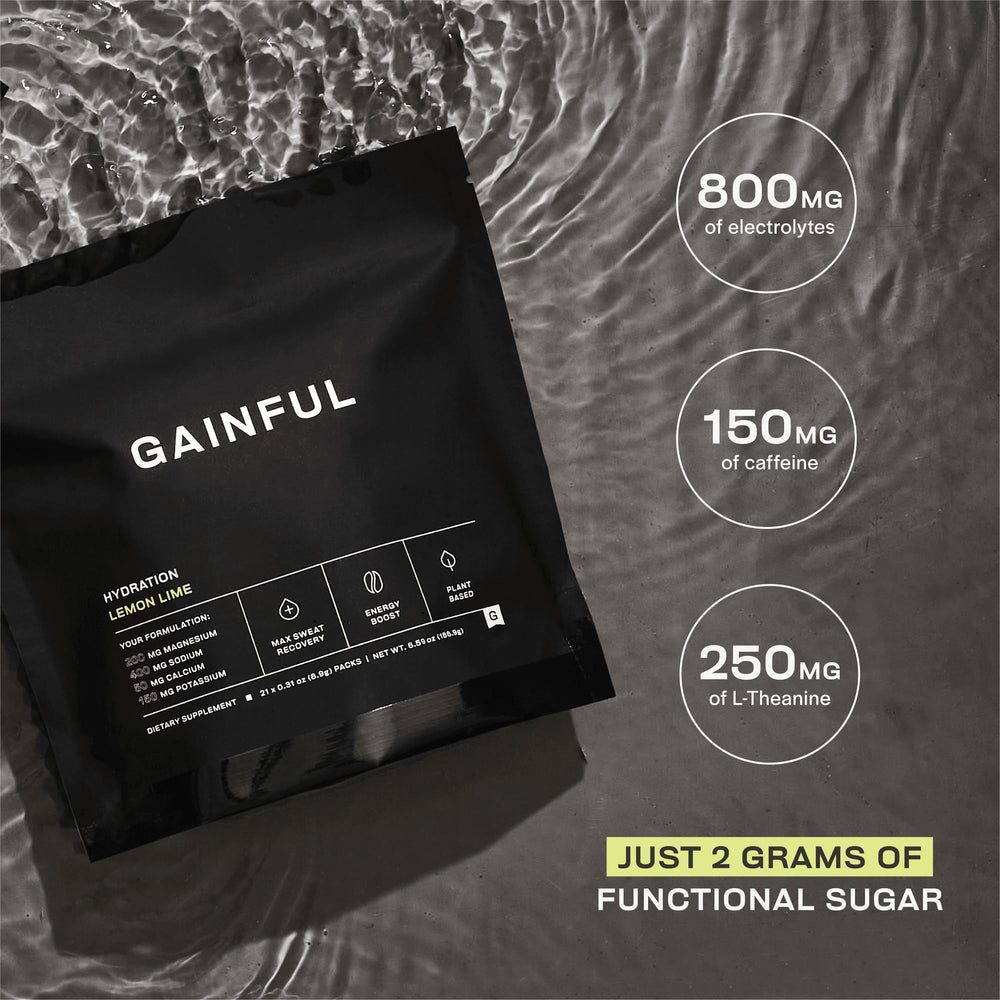 Gainful lemon-lime hydration packet shows caffeine and electrolytes in a convenient stick.