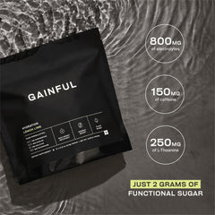 Gainful lemon-lime hydration packet shows caffeine and electrolytes in a convenient stick.