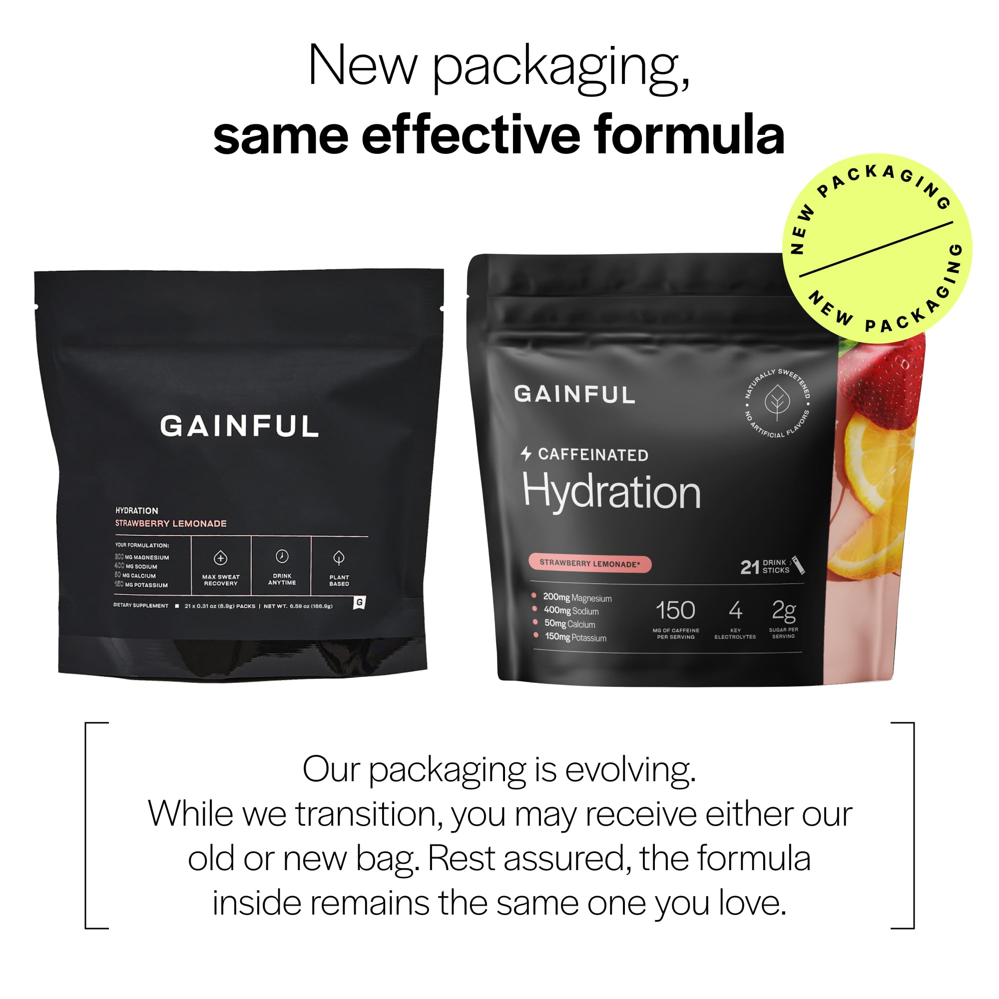 Gainful packet label highlighting electrolytes and caffeine.