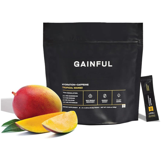 Gainful Hydration caffeine packets Tropical Mango packaging for on-the-go hydration.
