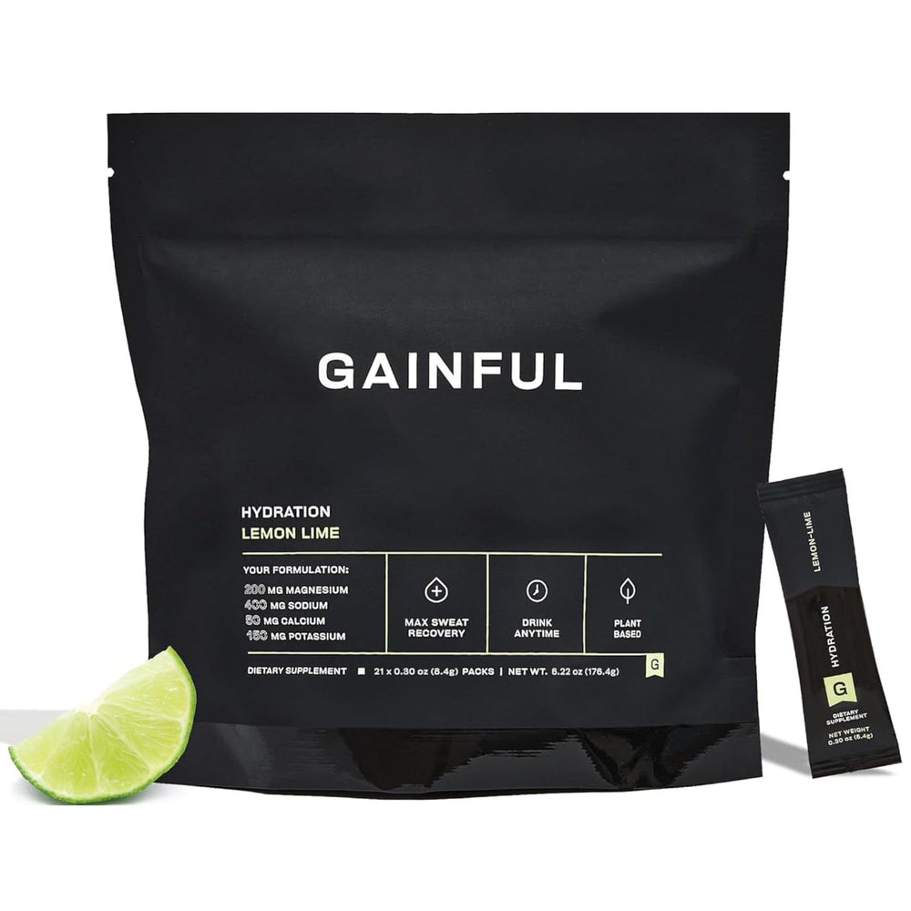 Gainful Hydration lemon-lime sachet dissolving in water for a refreshing electrolyte drink