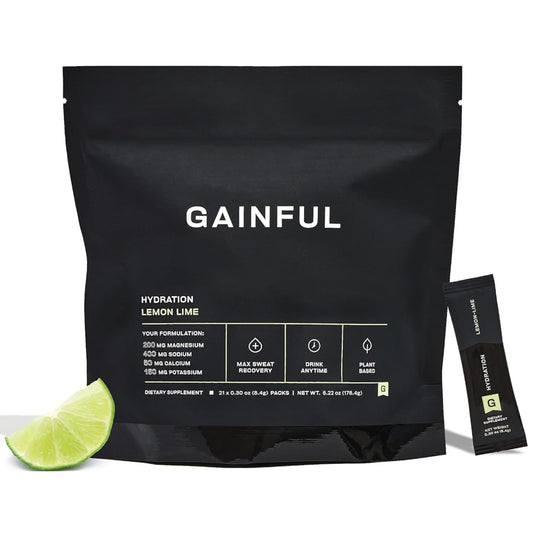 Gainful Hydration lemon-lime sachet dissolving in water for a refreshing electrolyte drink